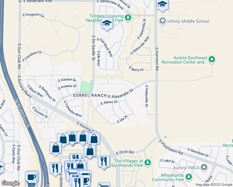 map of restaurants, bars, coffee shops, grocery stores, and more near 24496 East Powers Avenue in Aurora