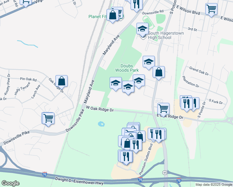 map of restaurants, bars, coffee shops, grocery stores, and more near 50 West Oak Ridge Drive in Hagerstown
