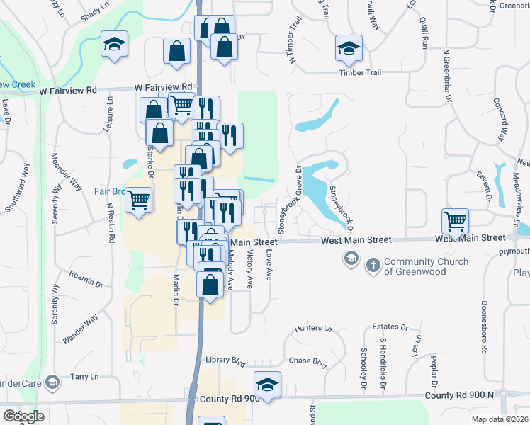 map of restaurants, bars, coffee shops, grocery stores, and more near 187 Love Avenue in Greenwood