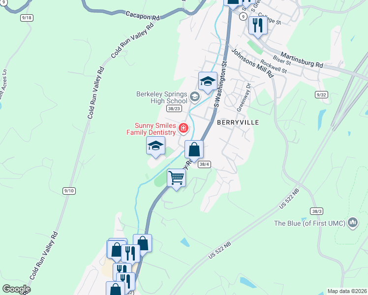 map of restaurants, bars, coffee shops, grocery stores, and more near 114 Myers Road in Berkeley Springs