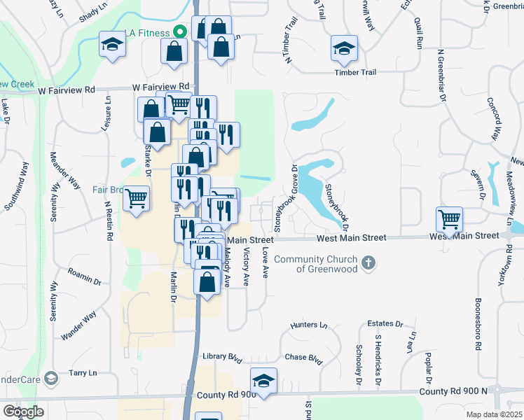 map of restaurants, bars, coffee shops, grocery stores, and more near 173 Love Avenue in Greenwood