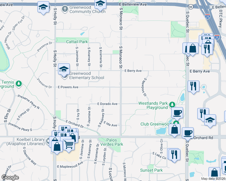 map of restaurants, bars, coffee shops, grocery stores, and more near 5600 South Locust Street in Greenwood Village