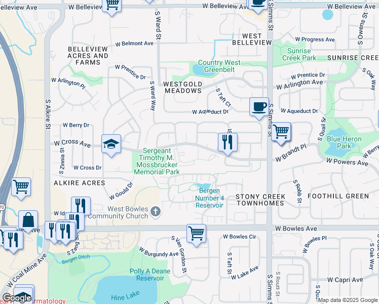 map of restaurants, bars, coffee shops, grocery stores, and more near 5667 South Urban Street in Littleton