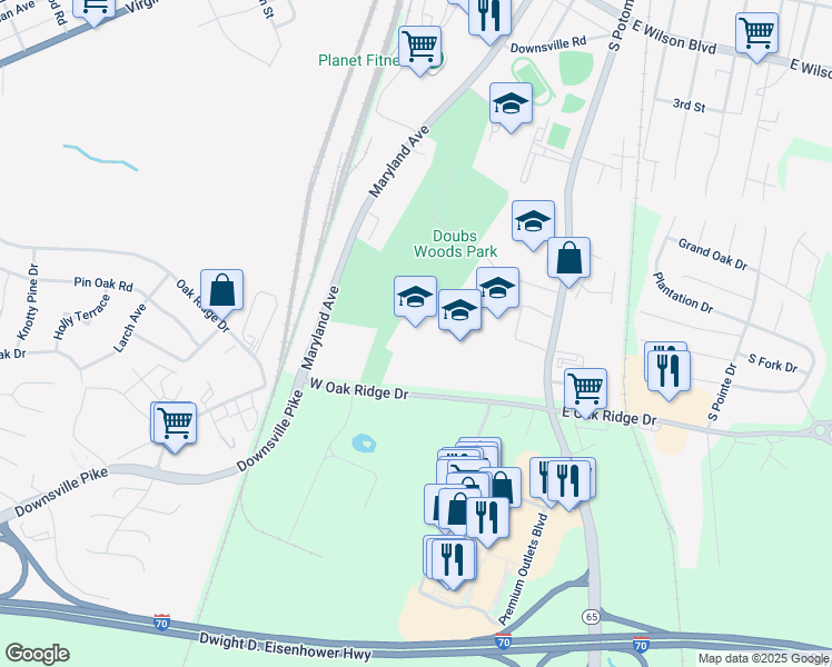 map of restaurants, bars, coffee shops, grocery stores, and more near 50 West Oak Ridge Drive in Hagerstown