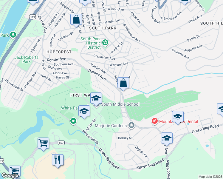 map of restaurants, bars, coffee shops, grocery stores, and more near 1088 Dorsey Avenue in Morgantown