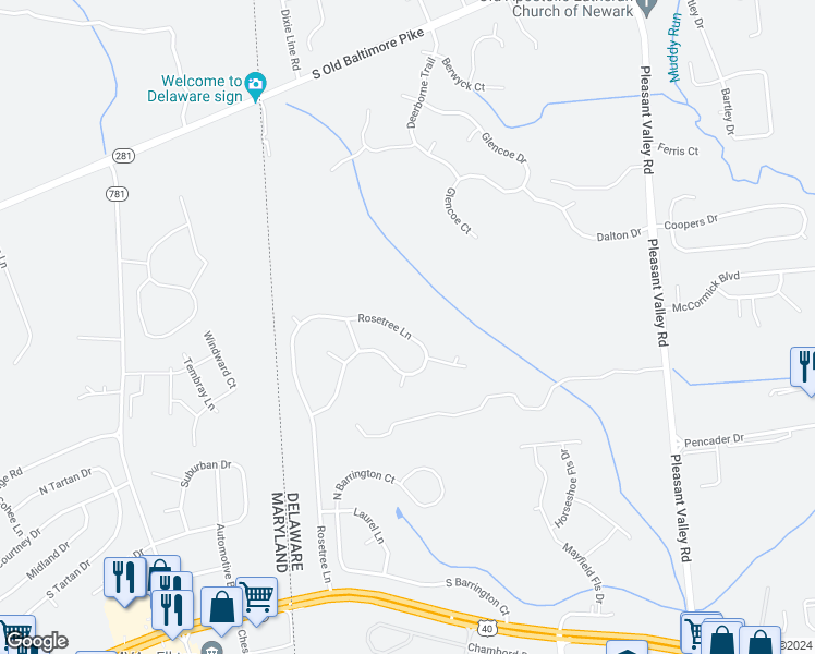 map of restaurants, bars, coffee shops, grocery stores, and more near 4024 Rosetree Lane in Newark