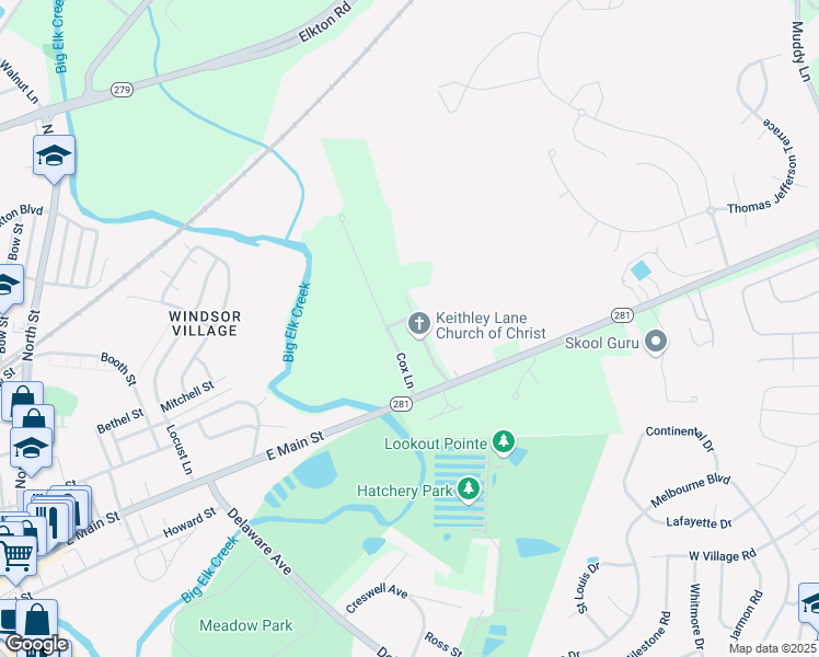 map of restaurants, bars, coffee shops, grocery stores, and more near 76 Keithley Lane in Elkton