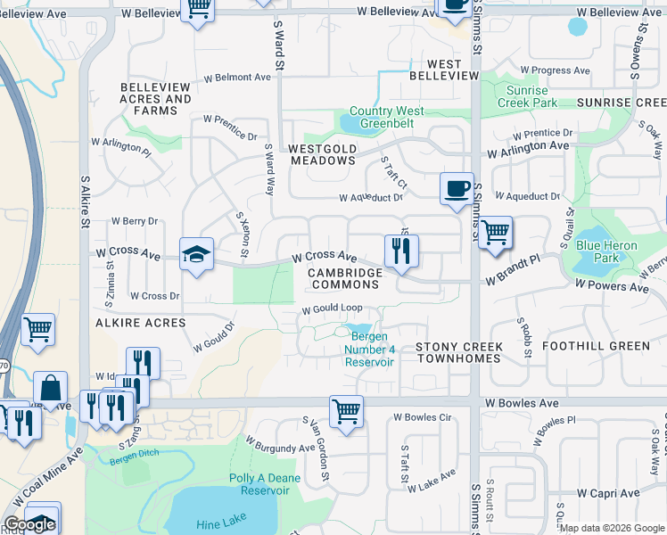 map of restaurants, bars, coffee shops, grocery stores, and more near 12233 West Cross Drive in Littleton