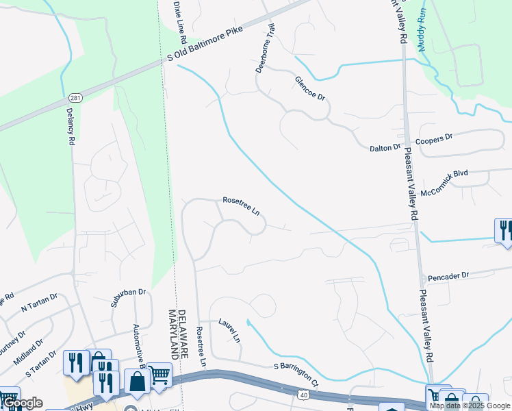 map of restaurants, bars, coffee shops, grocery stores, and more near 4024 Rosetree Lane in Newark