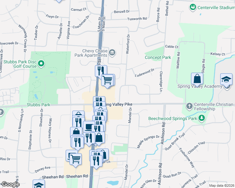 map of restaurants, bars, coffee shops, grocery stores, and more near 739 Clareridge Lane in Dayton