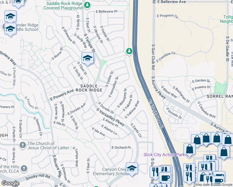 map of restaurants, bars, coffee shops, grocery stores, and more near 5524 South Wenatchee Street in Aurora