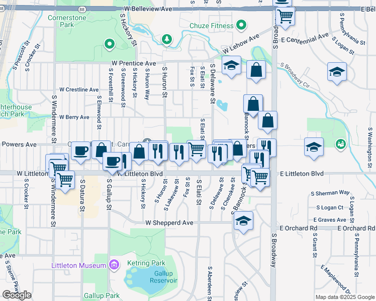 map of restaurants, bars, coffee shops, grocery stores, and more near 5607 South Fox Street in Littleton