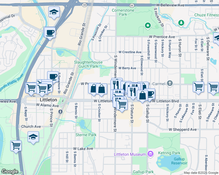 map of restaurants, bars, coffee shops, grocery stores, and more near 5608 South Louthan Street in Littleton