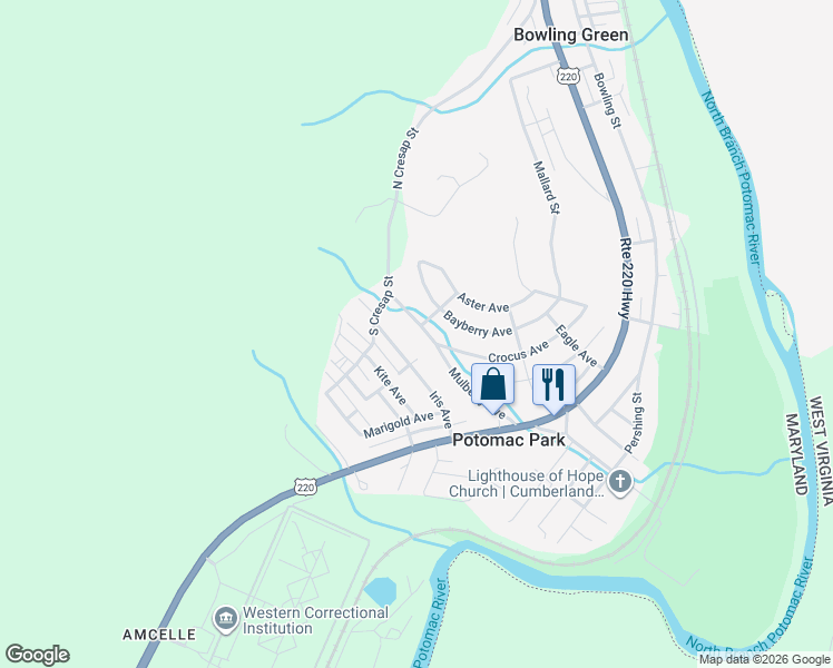 map of restaurants, bars, coffee shops, grocery stores, and more near 12006 Mulberry Avenue in Cumberland