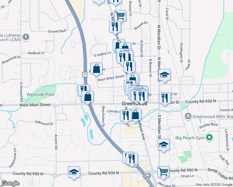 map of restaurants, bars, coffee shops, grocery stores, and more near 379 West Broadway Street in Greenwood