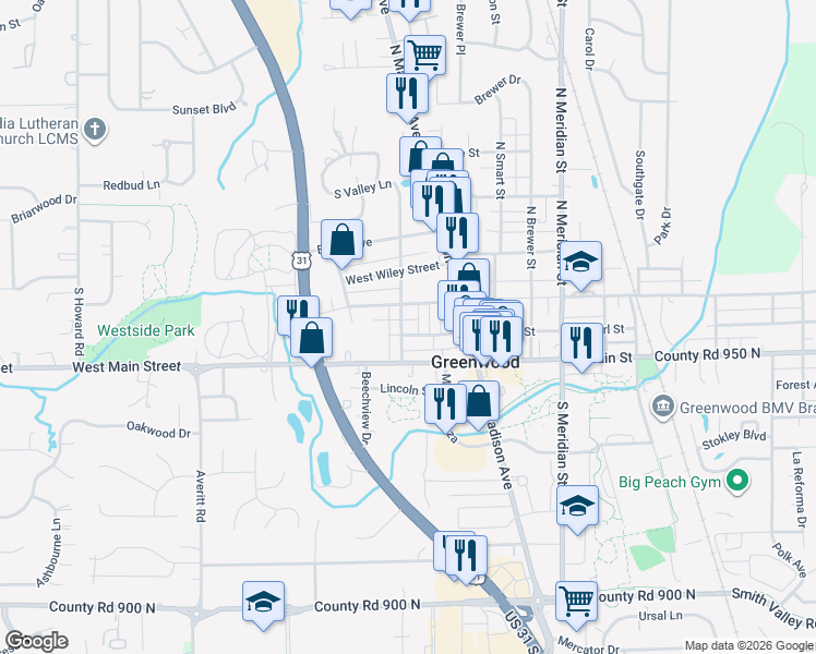 map of restaurants, bars, coffee shops, grocery stores, and more near 379 West Broadway Street in Greenwood