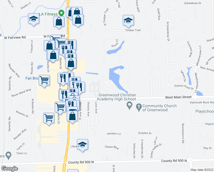 map of restaurants, bars, coffee shops, grocery stores, and more near 24 Hidden Bay Drive in Greenwood