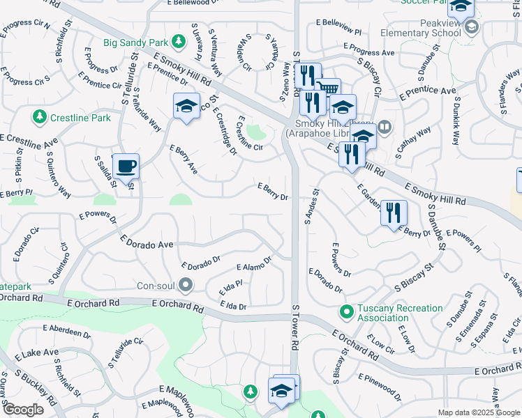 map of restaurants, bars, coffee shops, grocery stores, and more near 18337 East Powers Place in Centennial