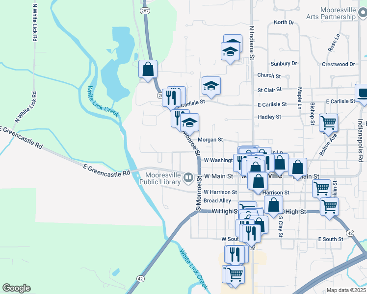 map of restaurants, bars, coffee shops, grocery stores, and more near 240 North Monroe Street in Mooresville