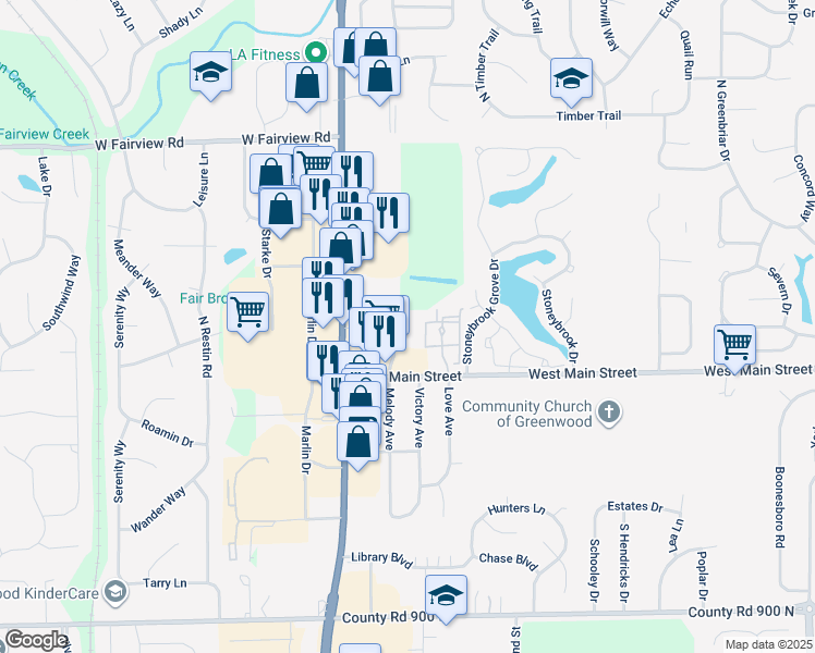 map of restaurants, bars, coffee shops, grocery stores, and more near 155 Melody Avenue in Greenwood