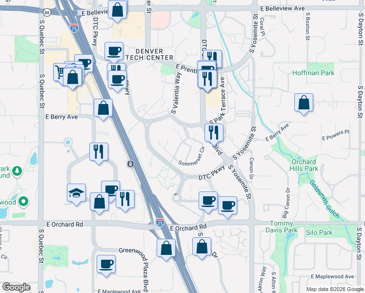 map of restaurants, bars, coffee shops, grocery stores, and more near 41 Royal Ann Drive in Greenwood Village