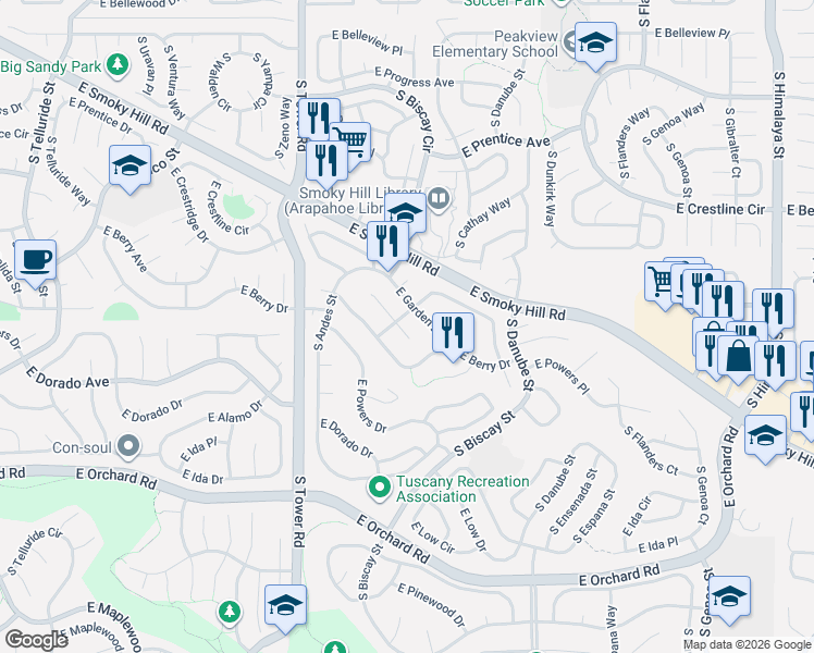 map of restaurants, bars, coffee shops, grocery stores, and more near 18829 East Berry Place in Aurora