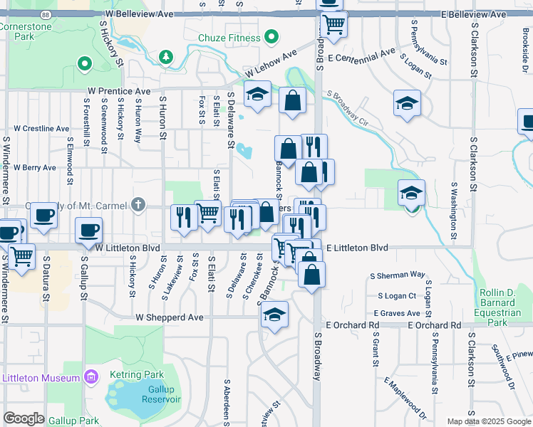 map of restaurants, bars, coffee shops, grocery stores, and more near 258 West Powers Avenue in Littleton