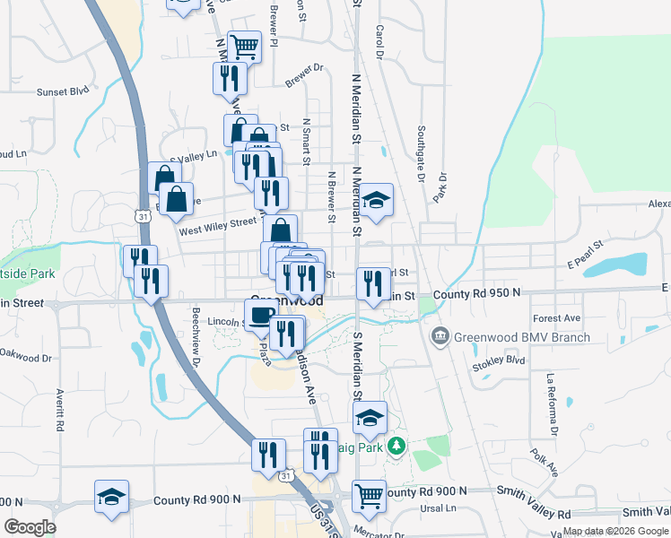 map of restaurants, bars, coffee shops, grocery stores, and more near 52 South Brewer Street in Greenwood