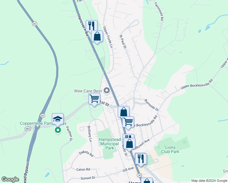map of restaurants, bars, coffee shops, grocery stores, and more near 1431 North Main Street in Hampstead