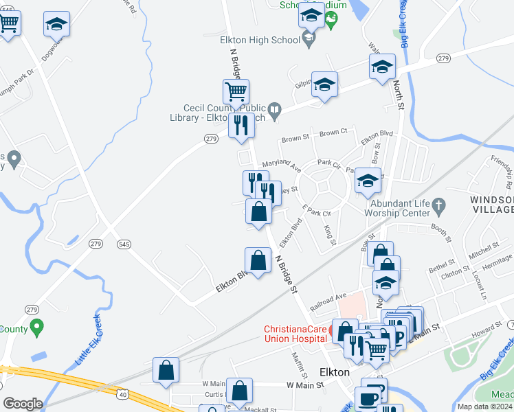 map of restaurants, bars, coffee shops, grocery stores, and more near 503 North Bridge Street in Elkton