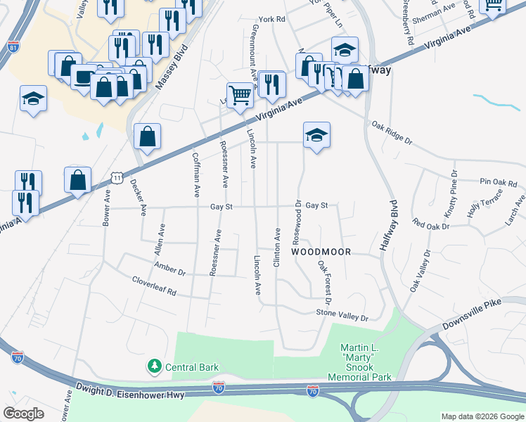 map of restaurants, bars, coffee shops, grocery stores, and more near 17503 Gay Street in Hagerstown