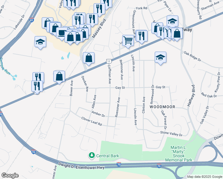 map of restaurants, bars, coffee shops, grocery stores, and more near 17403 Gay Street in Hagerstown