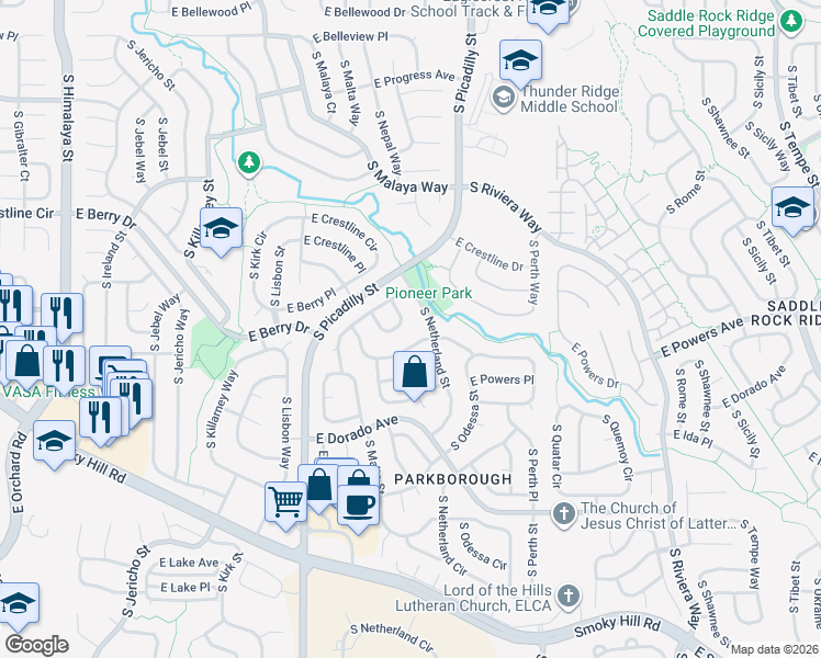 map of restaurants, bars, coffee shops, grocery stores, and more near 21226 East Powers Circle in Centennial