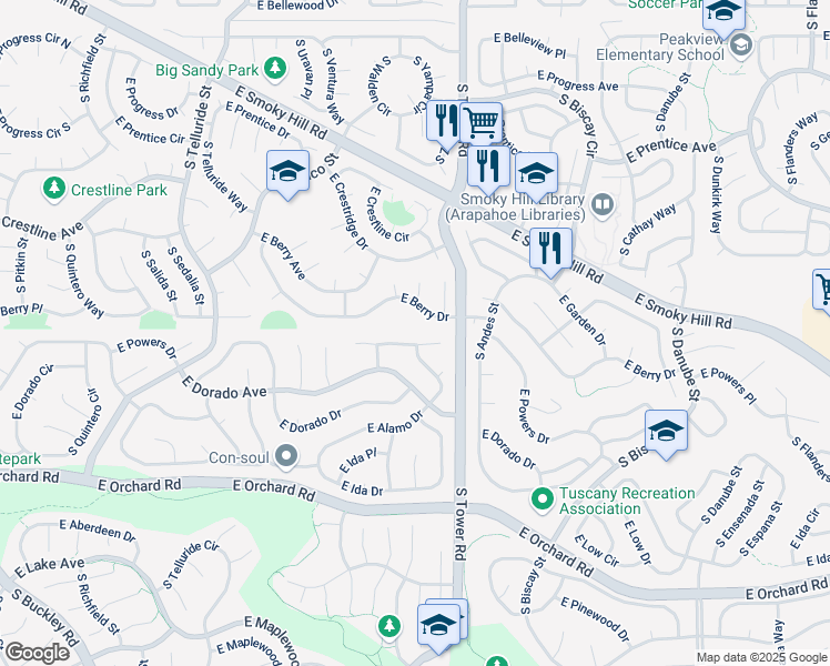 map of restaurants, bars, coffee shops, grocery stores, and more near 18337 East Powers Place in Centennial