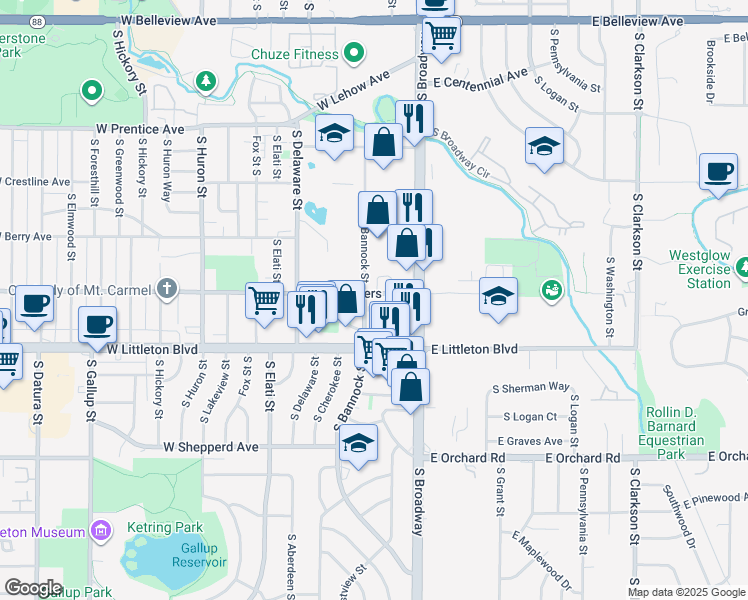 map of restaurants, bars, coffee shops, grocery stores, and more near 5601 South Broadway in Littleton