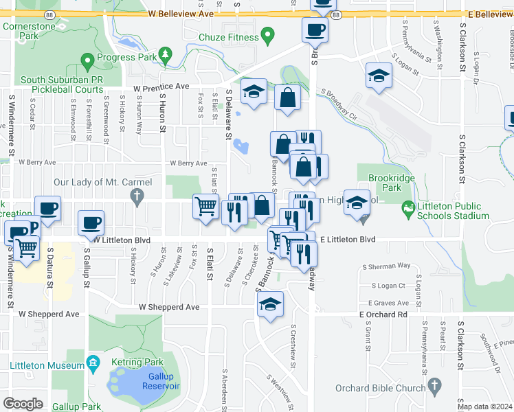 map of restaurants, bars, coffee shops, grocery stores, and more near 258 West Powers Avenue in Littleton