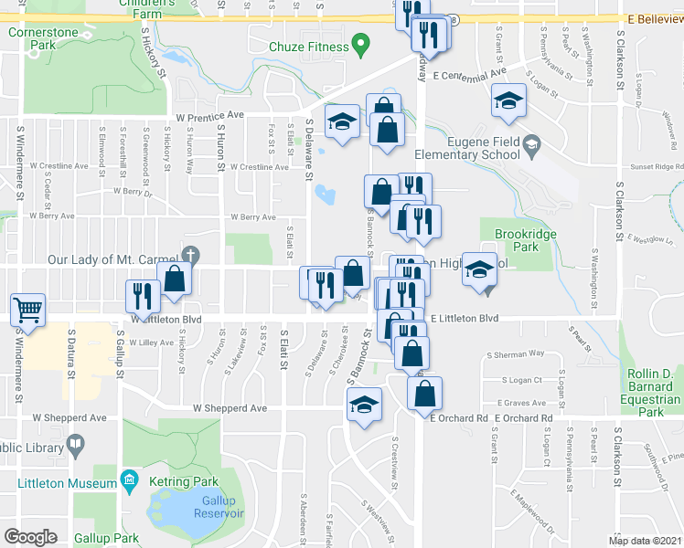 map of restaurants, bars, coffee shops, grocery stores, and more near 258 West Powers Avenue in Littleton