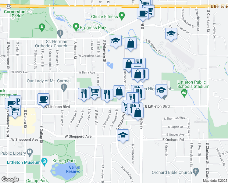 map of restaurants, bars, coffee shops, grocery stores, and more near 368 West Powers Avenue in Littleton