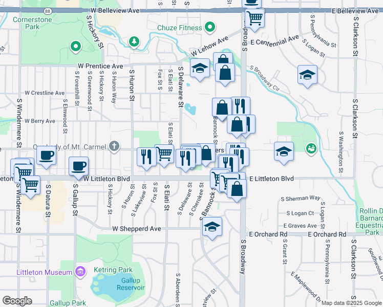 map of restaurants, bars, coffee shops, grocery stores, and more near 368 West Powers Avenue in Littleton