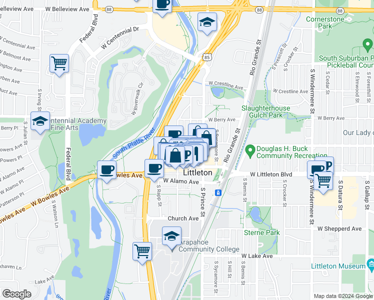 map of restaurants, bars, coffee shops, grocery stores, and more near 5610 South Curtice Street in Littleton
