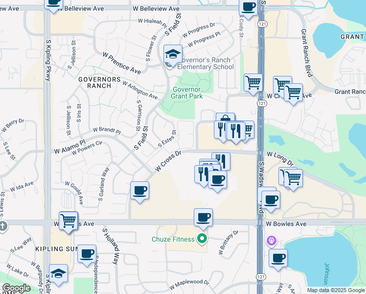 map of restaurants, bars, coffee shops, grocery stores, and more near 9053 West Cross Drive in Littleton