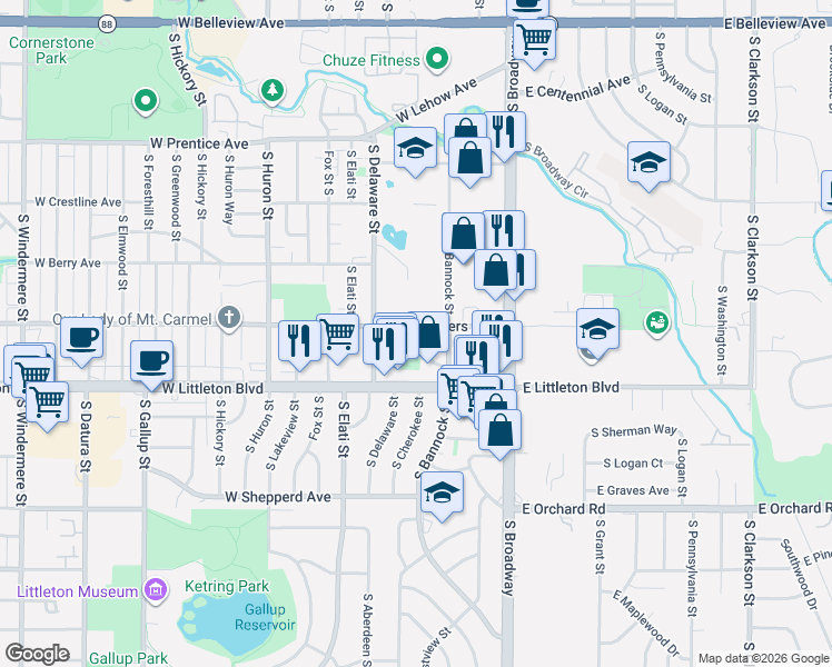 map of restaurants, bars, coffee shops, grocery stores, and more near 298 West Powers Avenue in Littleton