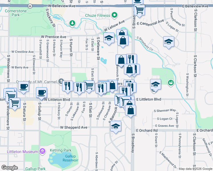 map of restaurants, bars, coffee shops, grocery stores, and more near 338 West Powers Avenue in Littleton