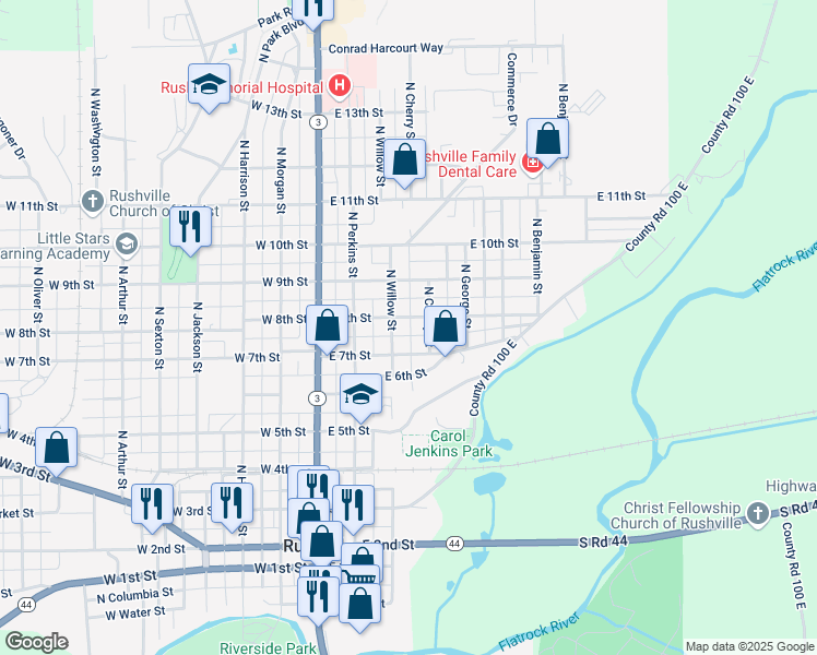 map of restaurants, bars, coffee shops, grocery stores, and more near 309 East 8th Street in Rushville