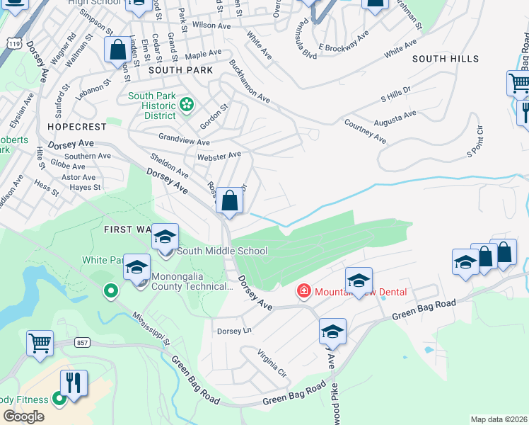 map of restaurants, bars, coffee shops, grocery stores, and more near 1319-1289 Dorsey Avenue in Morgantown