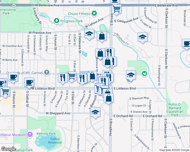 map of restaurants, bars, coffee shops, grocery stores, and more near 258 West Powers Avenue in Littleton