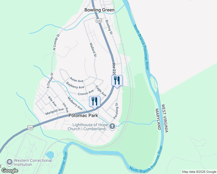 map of restaurants, bars, coffee shops, grocery stores, and more near 11609 Crocus Avenue in Cumberland