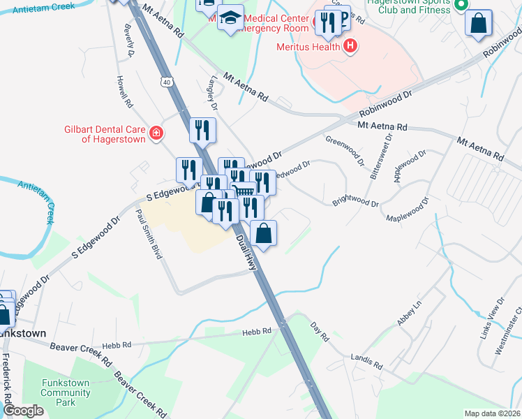 map of restaurants, bars, coffee shops, grocery stores, and more near 1744 Edgewood Hill Circle in Hagerstown