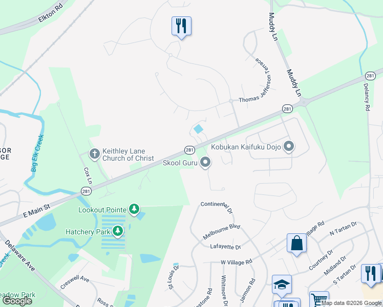 map of restaurants, bars, coffee shops, grocery stores, and more near 244 Red Hill Road in Elkton