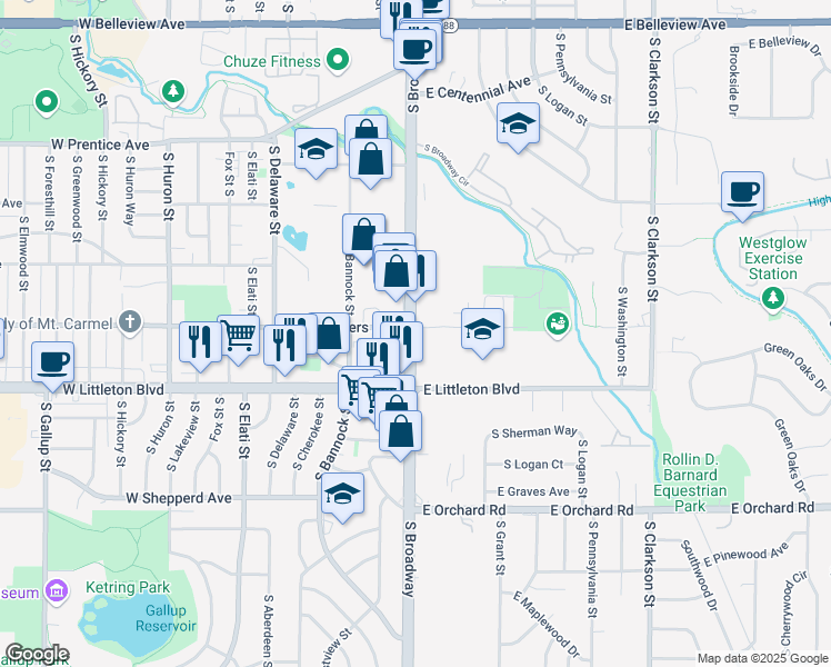 map of restaurants, bars, coffee shops, grocery stores, and more near 5601 East Powers Avenue in Littleton